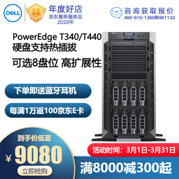 戴尔（DELL）PowerEdge T440/T340服务器 塔式主机ERP财务系统远程协作整机慧采 T340-8盘（E-2224 4核4线程） 8G内存丨2*1T硬盘丨H330【标配丨高扩展】